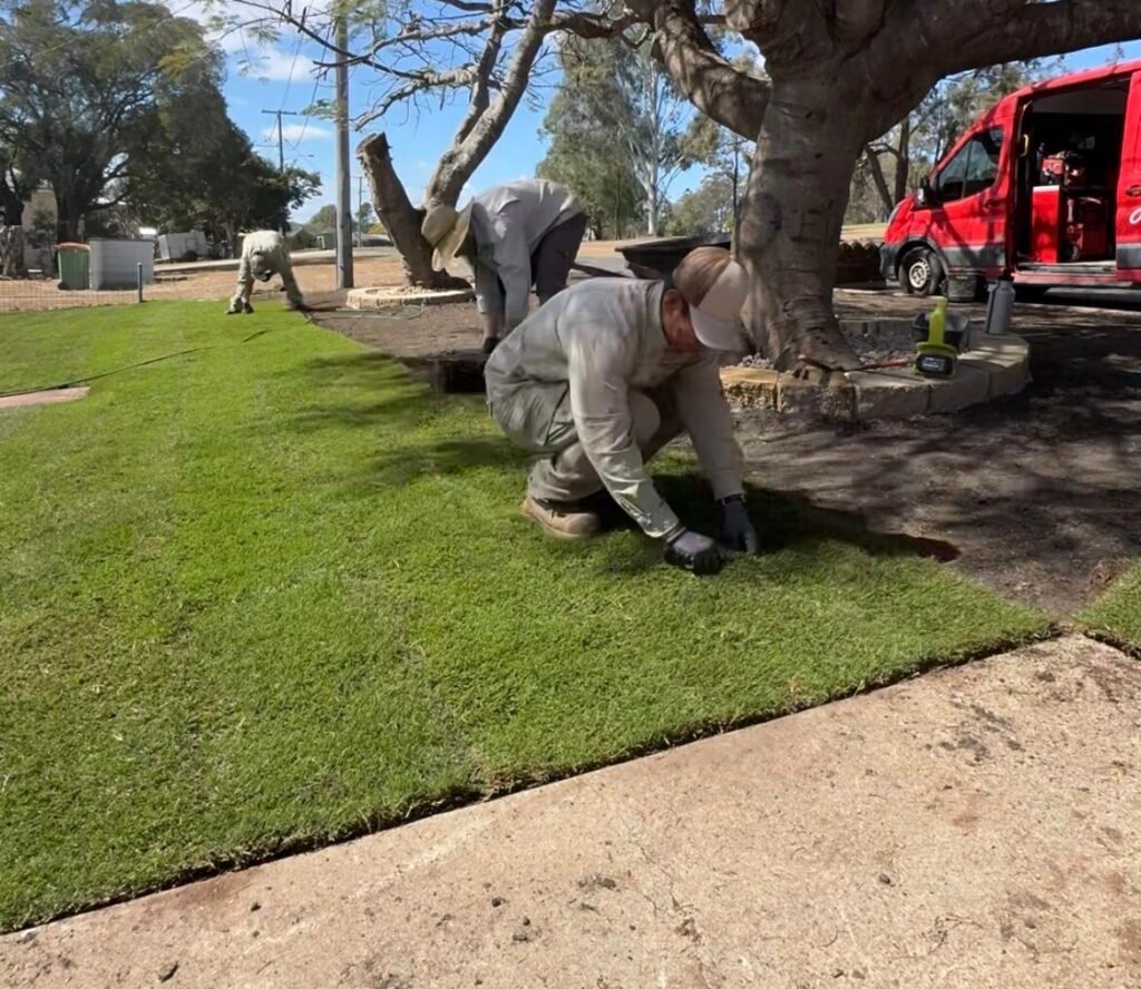 Coastal-style Gatton front garden with block edging and fresh turf